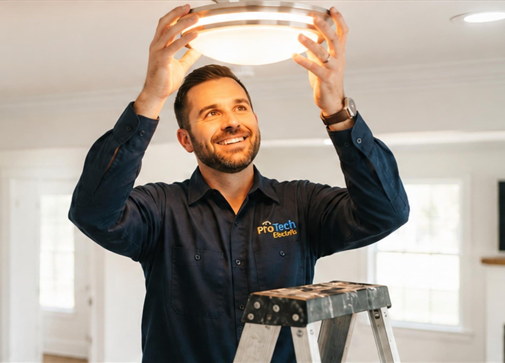 Smiling electrician on a stepladder fitting a ceiling light in a home