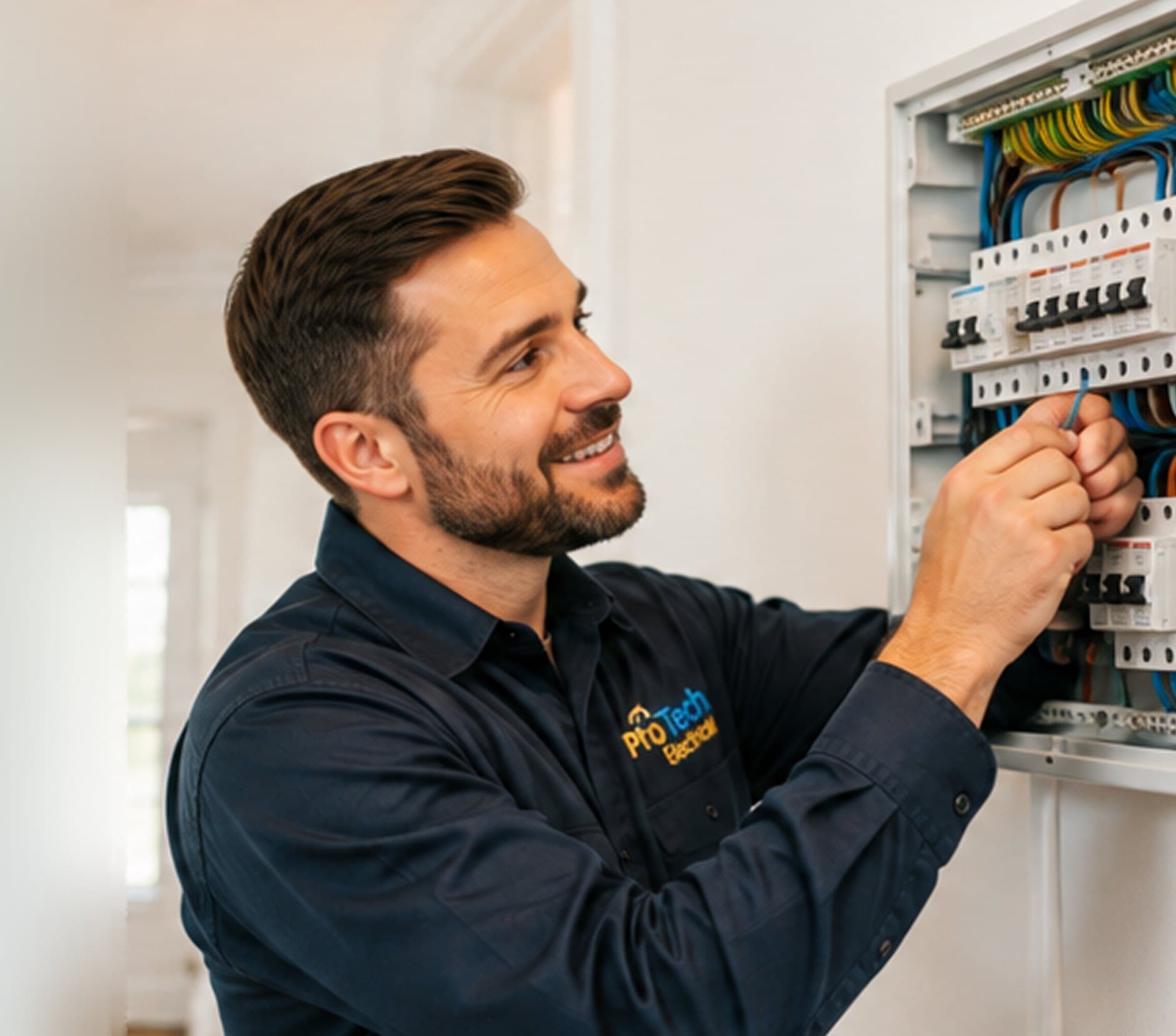 Electrician working on the wiring of a consumer unit
