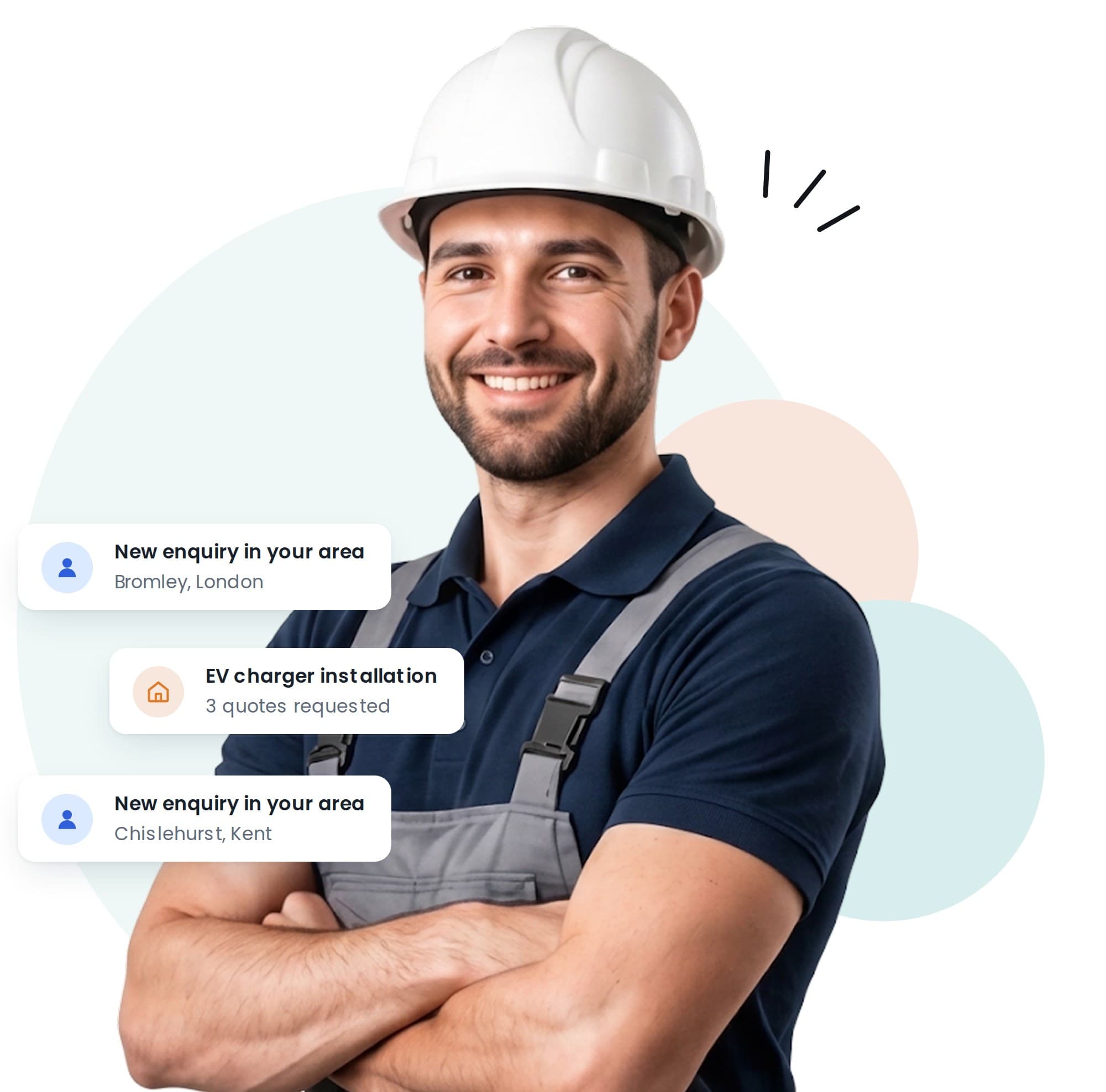 Smiling electrician in a hard hat with examples of new customer enquiries